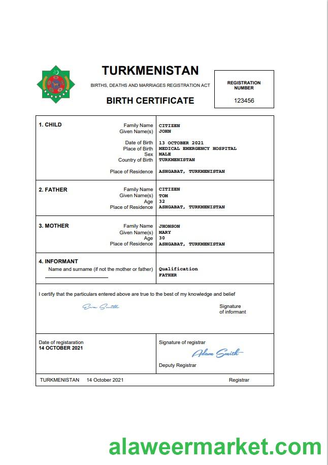 Turkmenistan vital record birth certificate Word and PDF template